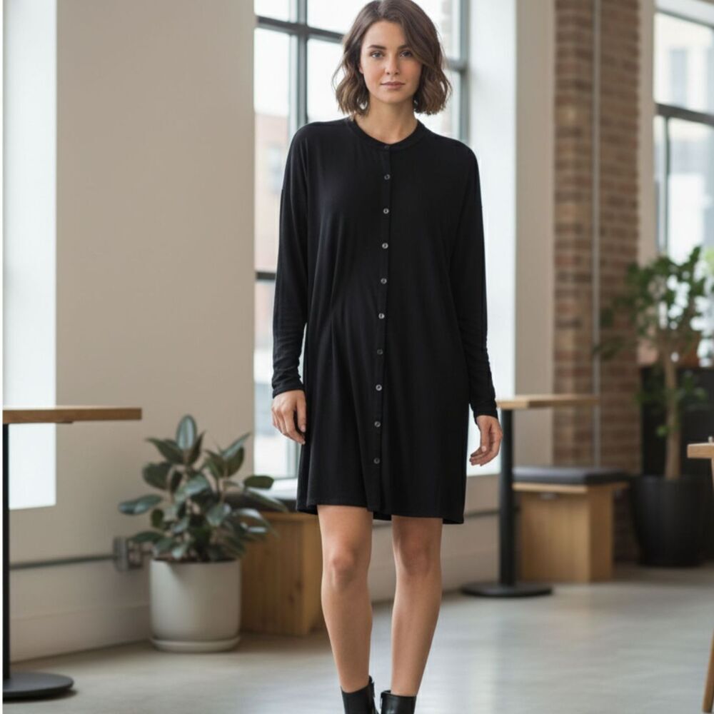 Eileen Fisher Button Front Jersey Dress Viscose Black Long Sleeve Women Medium